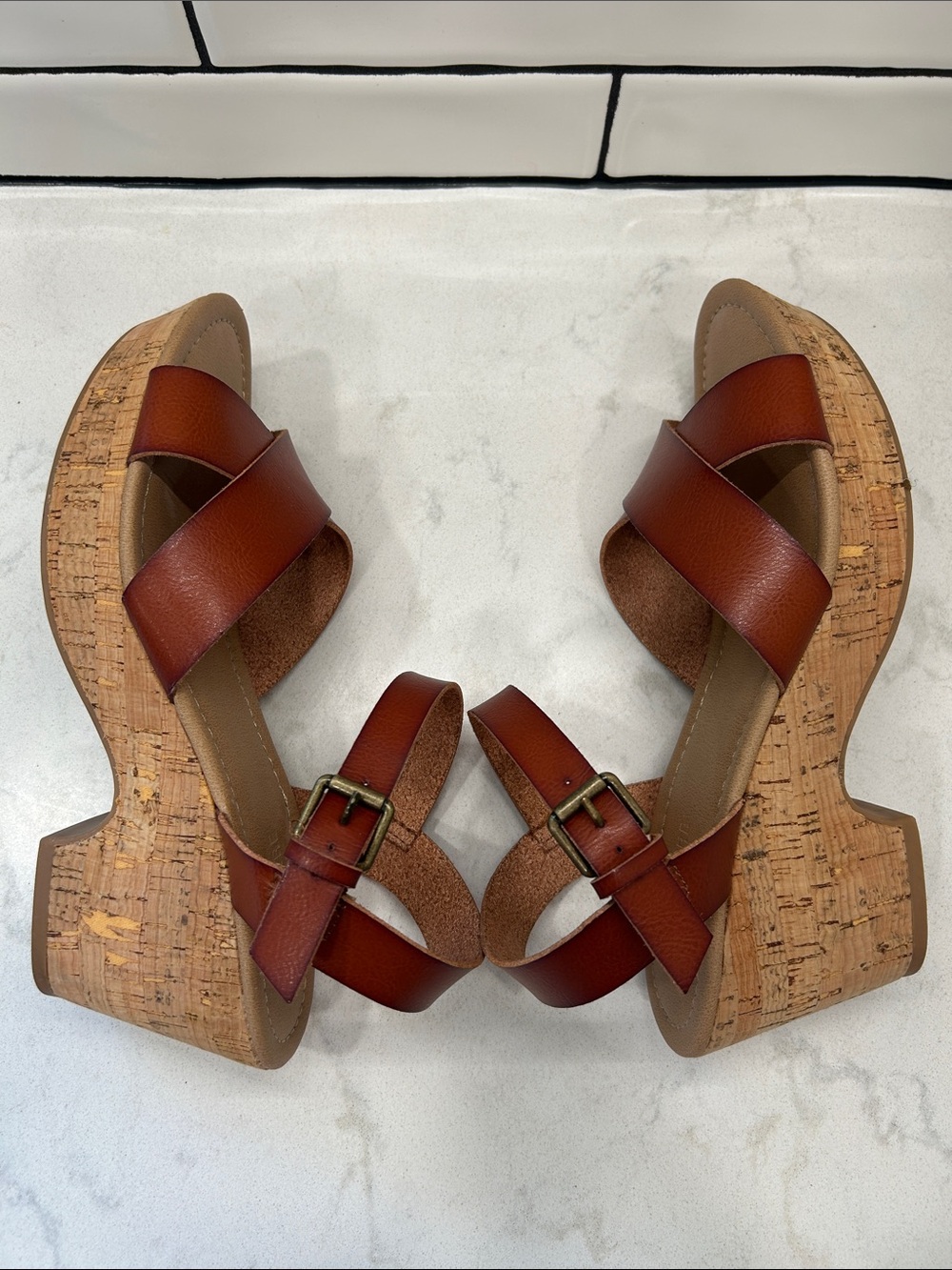 CUSHIONAIRE Women's Rosie Cork Wedge Sandal +Memory Foam 9.5 Cognac Boho - Picture 10 of 14